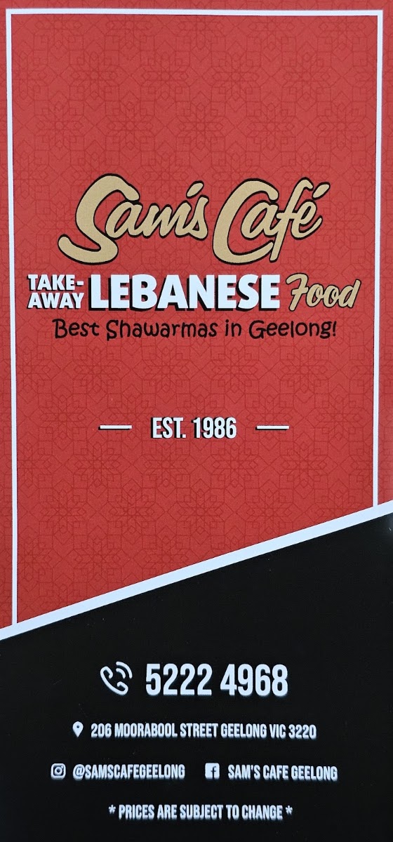 Sam's Cafe Geelong menu board
