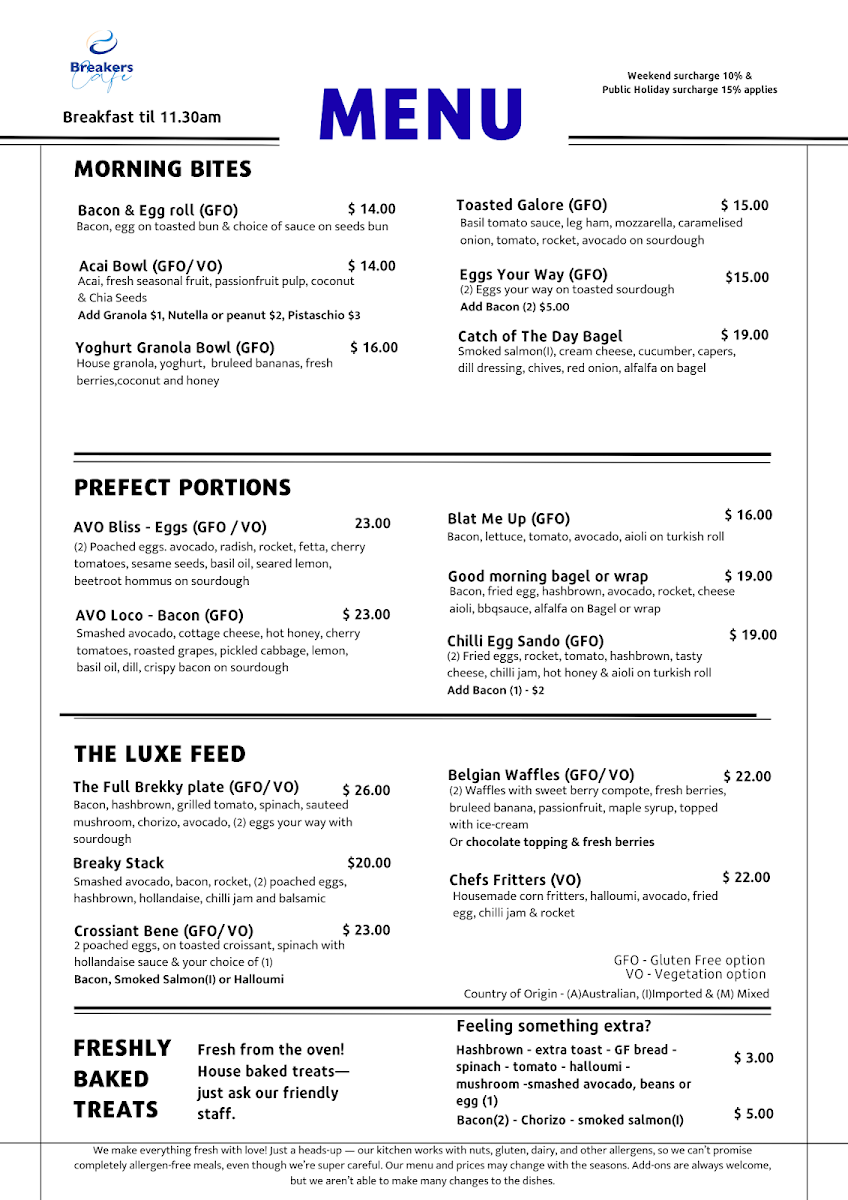 Breakers Cafe by Killara Hospitality menu board