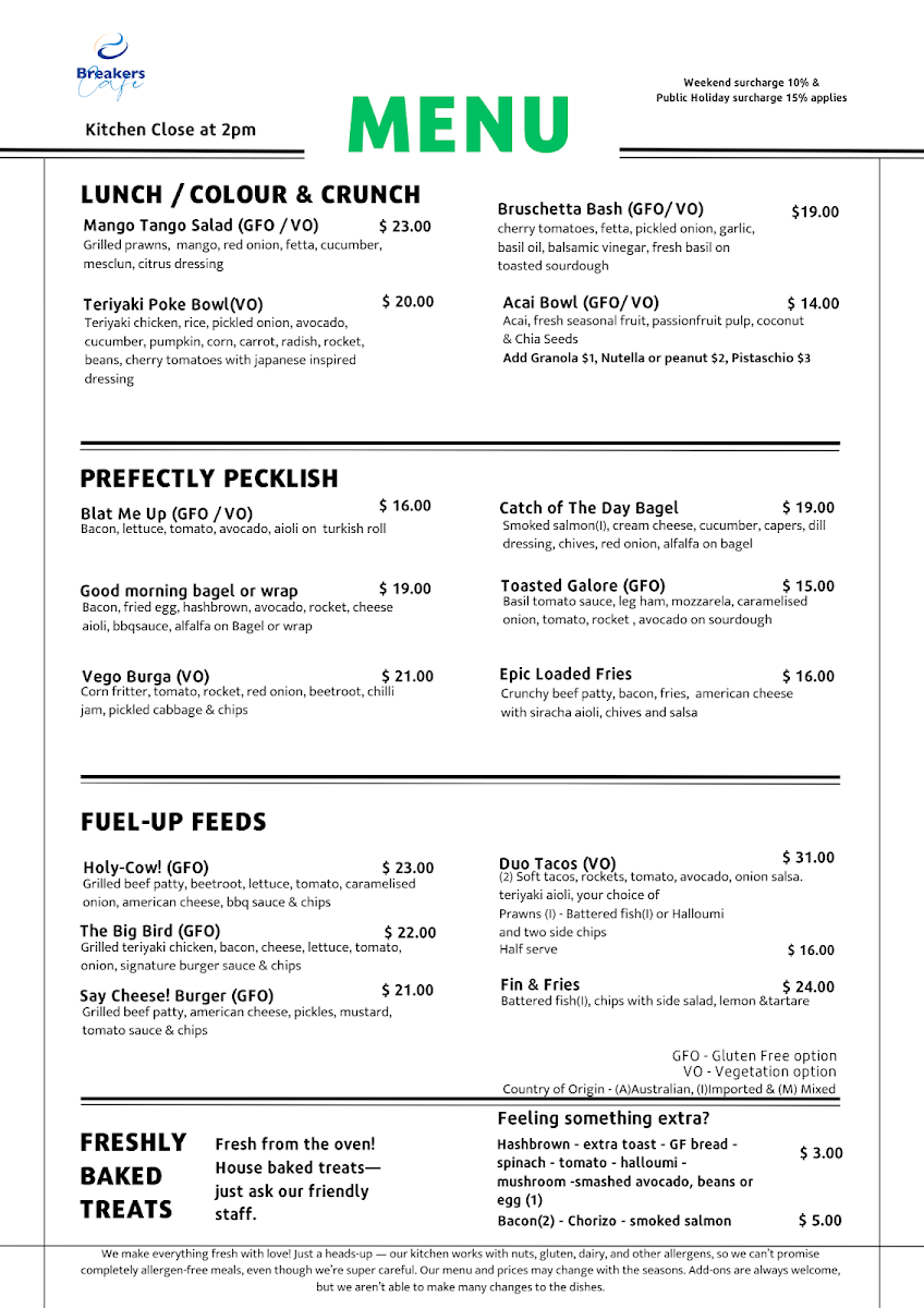 Breakers Cafe by Killara Hospitality menu board