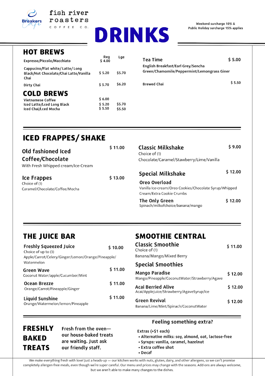 Breakers Cafe by Killara Hospitality menu board