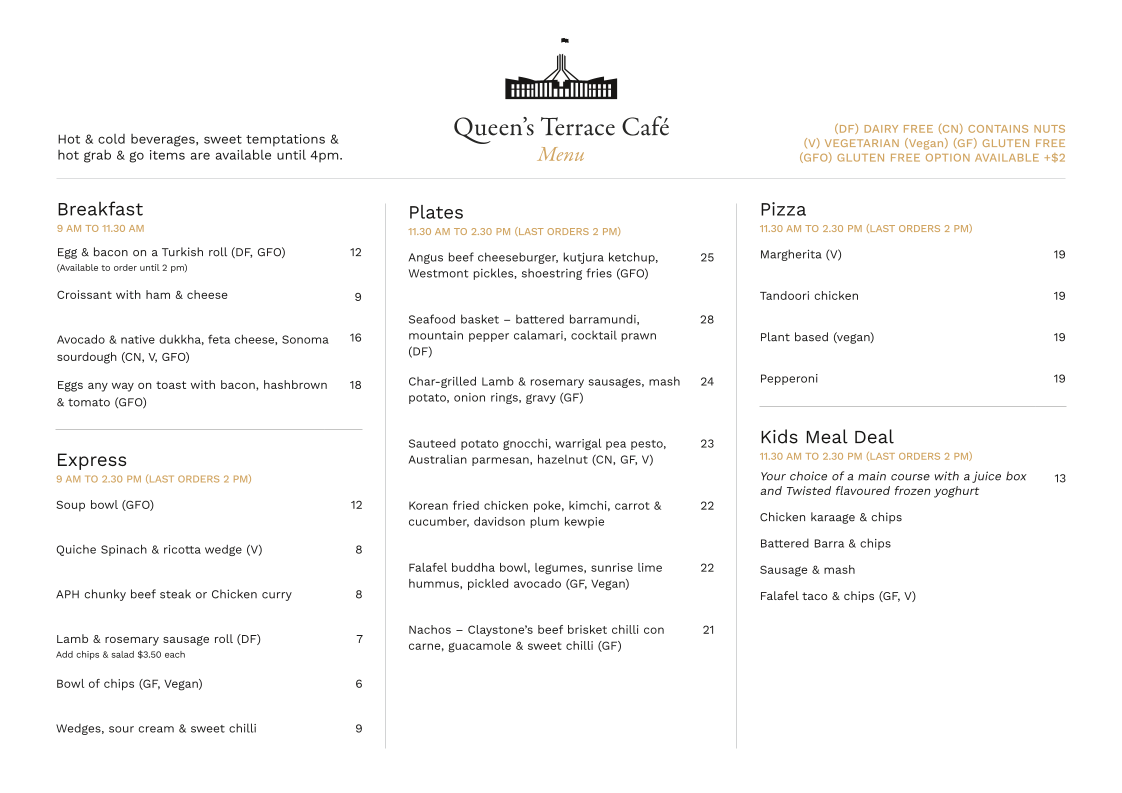 Queen's Terrace Café menu board
