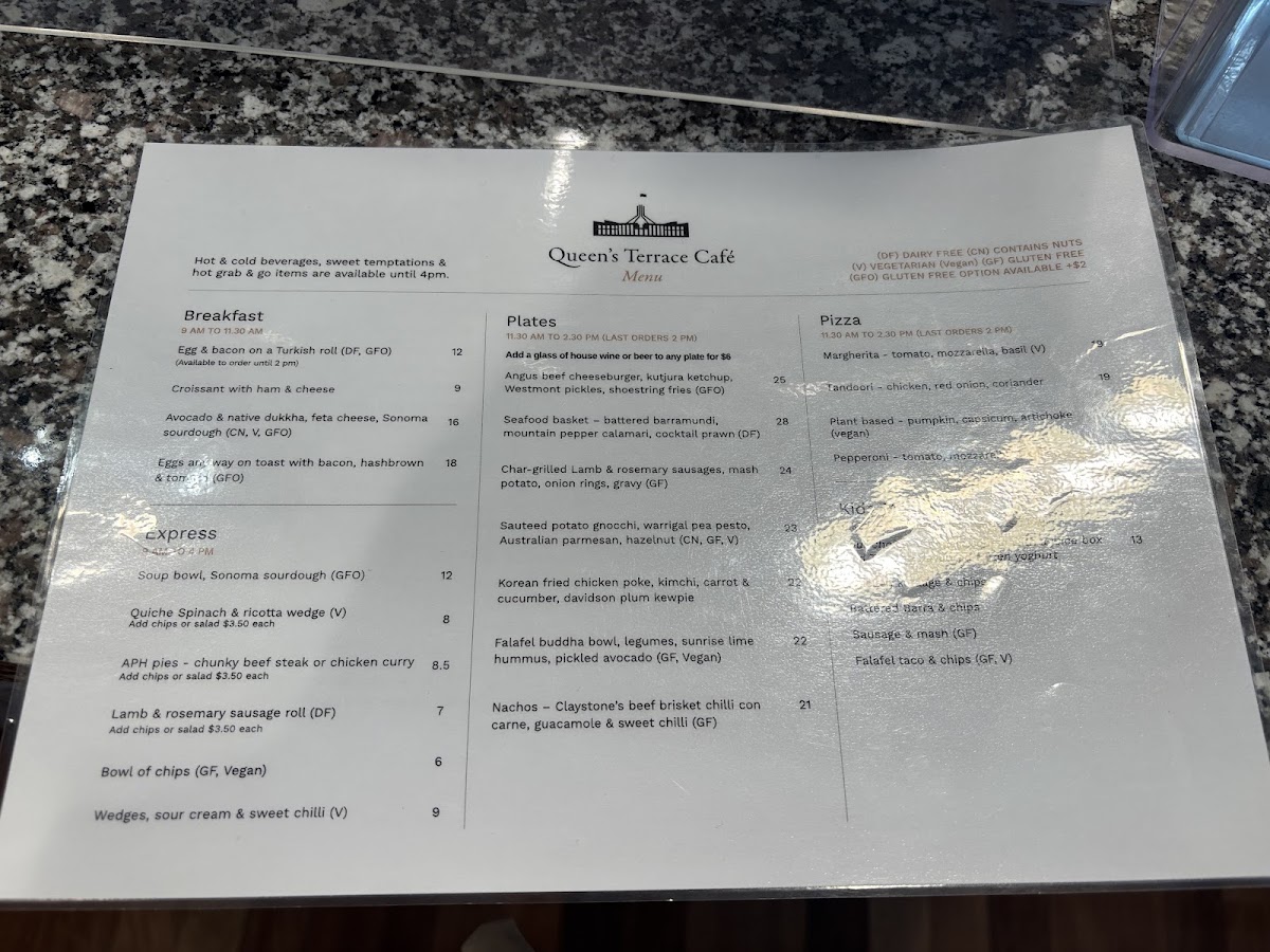 Queen's Terrace Café menu board