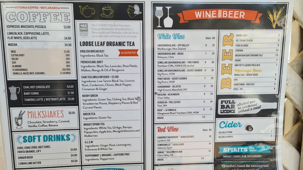 Avoca Sands Café Bar menu board