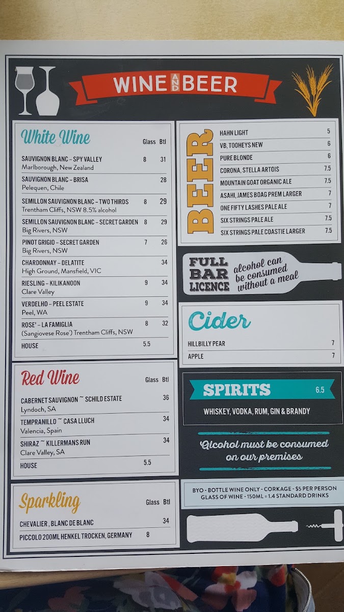 Avoca Sands Café Bar menu board