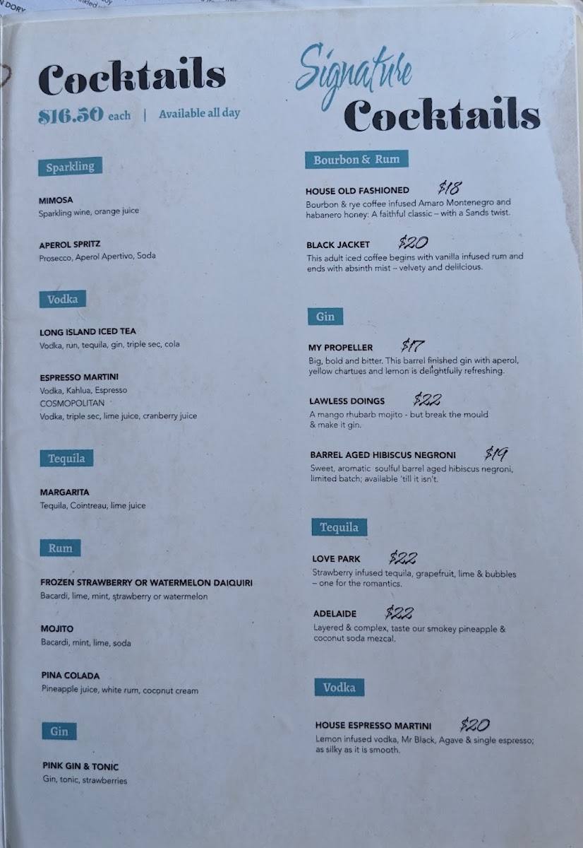 Avoca Sands Café Bar menu board