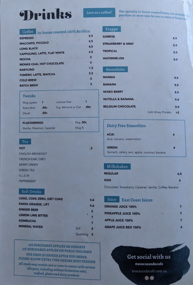 Avoca Sands Café Bar menu board