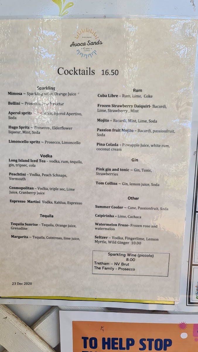 Avoca Sands Café Bar menu board