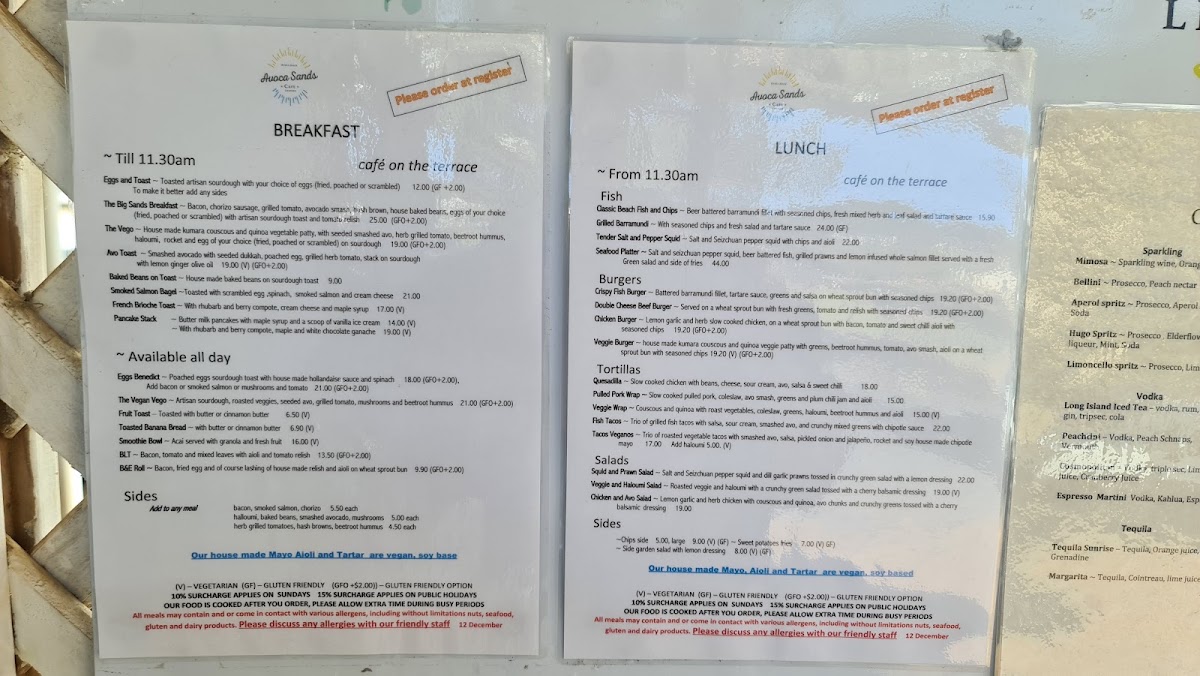 Avoca Sands Café Bar menu board