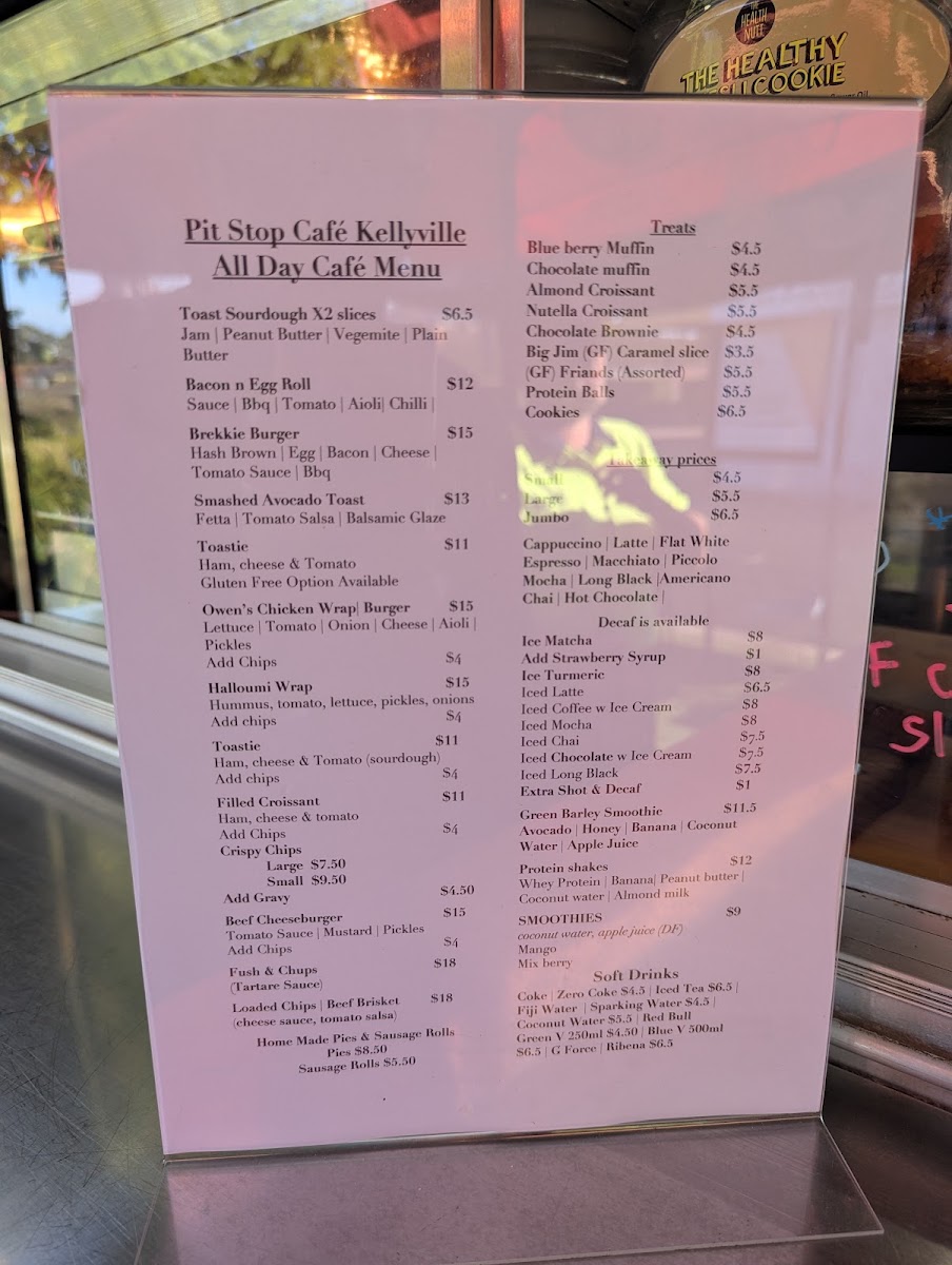 Pit Stop Cafe Kellyville menu board