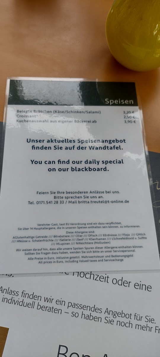Wallraf-Richartz Cafe Restaurant im Museum menu board