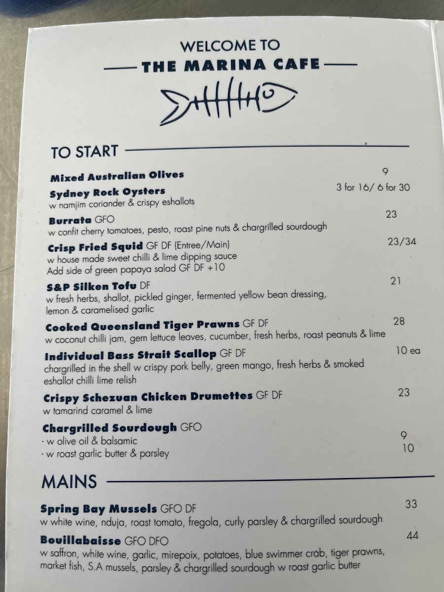 The Marina Cafe menu board