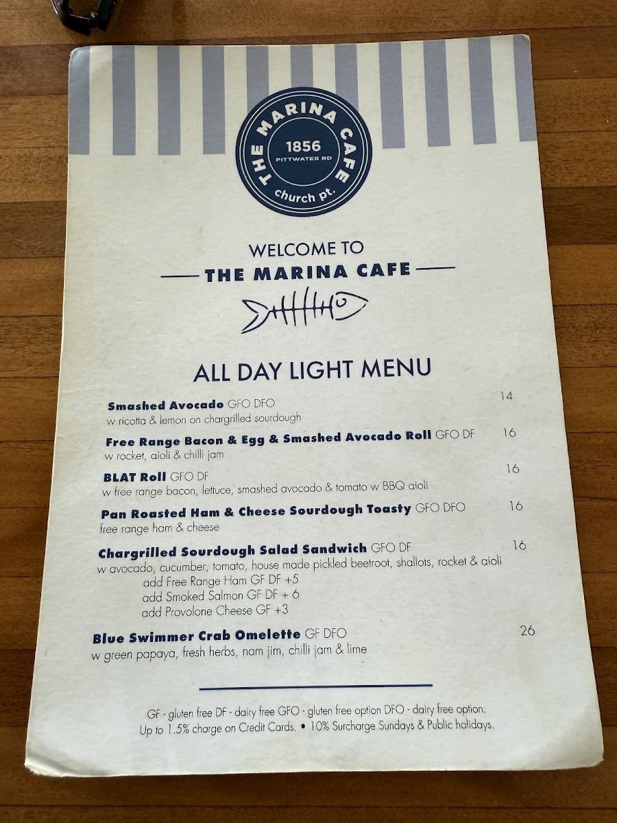 The Marina Cafe menu board