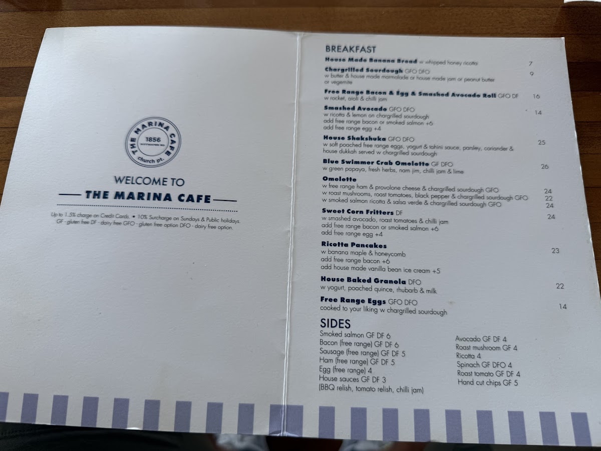 The Marina Cafe menu board