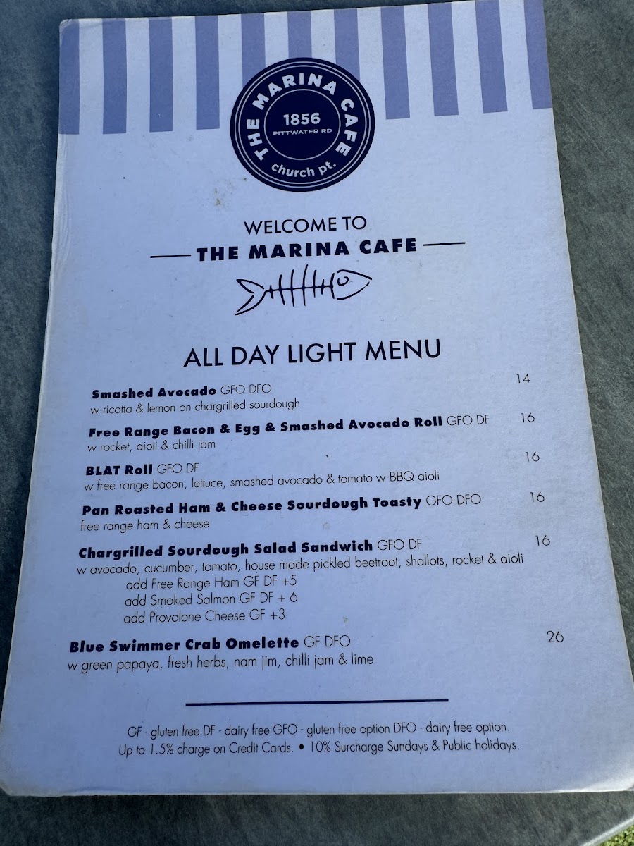 The Marina Cafe menu board