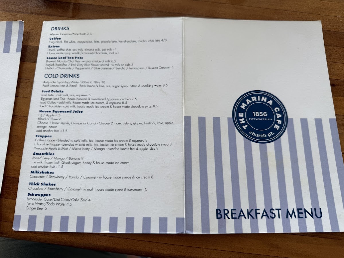 The Marina Cafe menu board