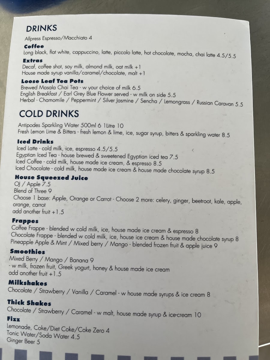 The Marina Cafe menu board