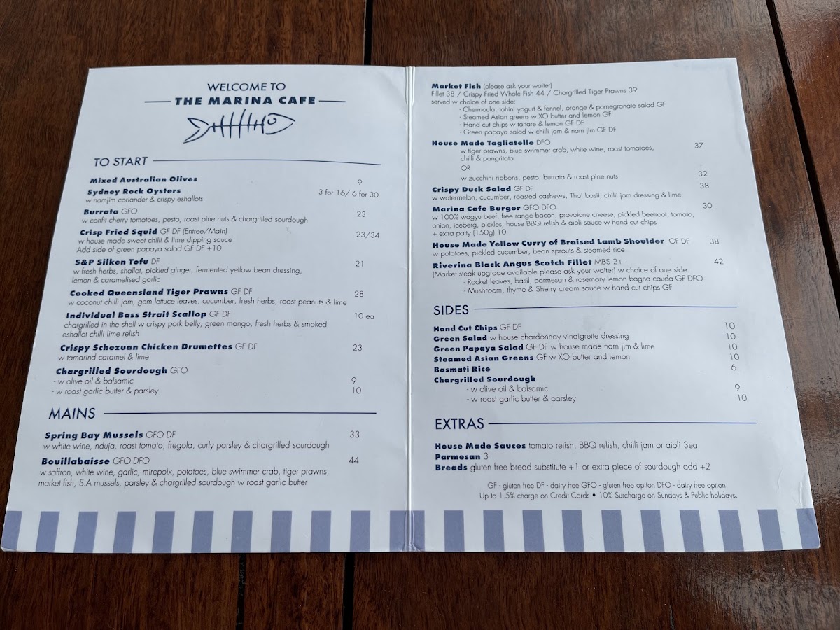 The Marina Cafe menu board