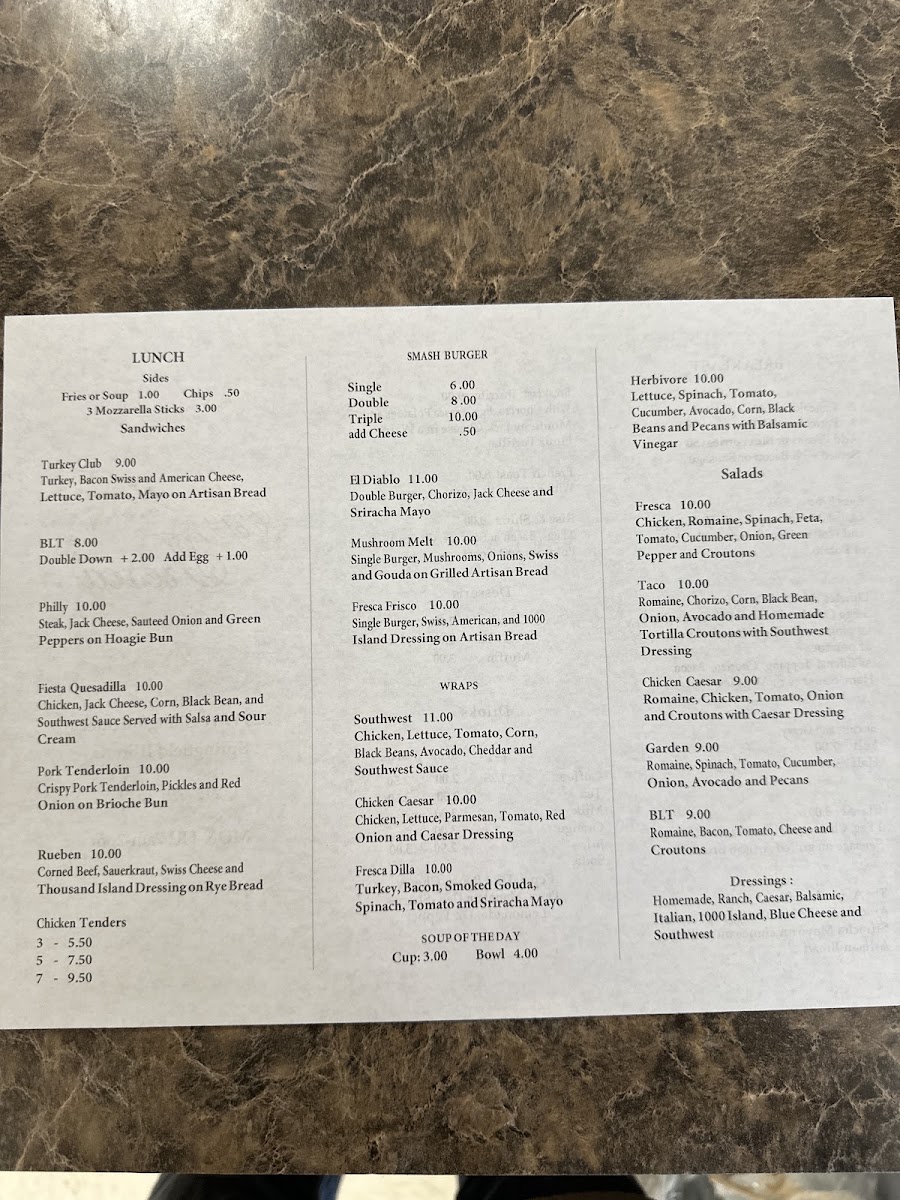 Cafe Fresca menu board
