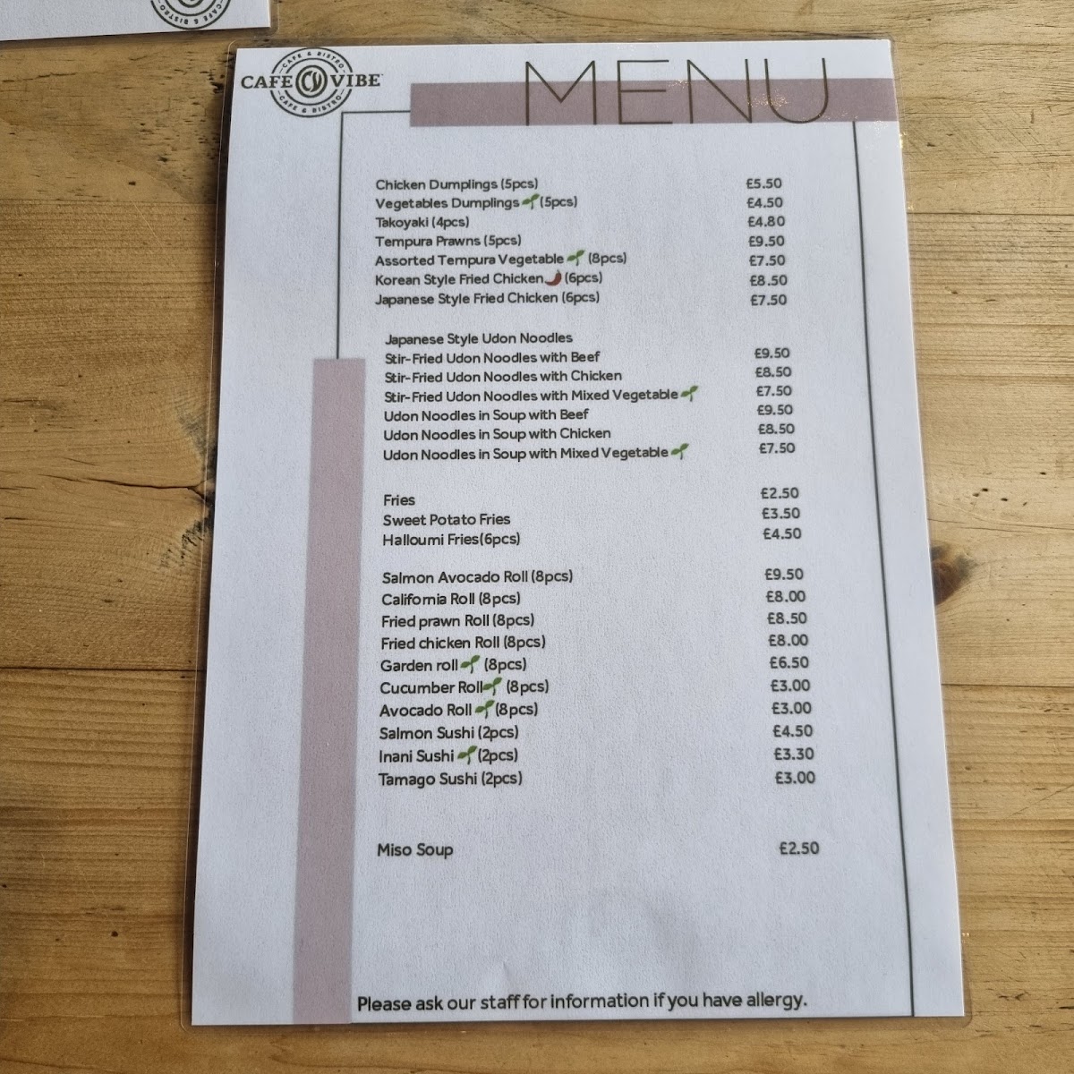 Cafe Vibe menu board