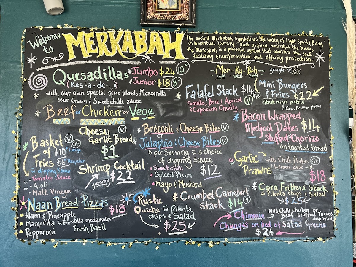 Merkabah Cafe Restaurant menu board