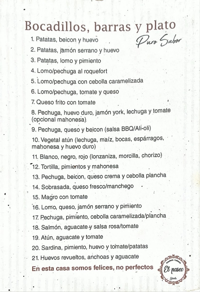 Panadería-Cafetería El Paseo menu board