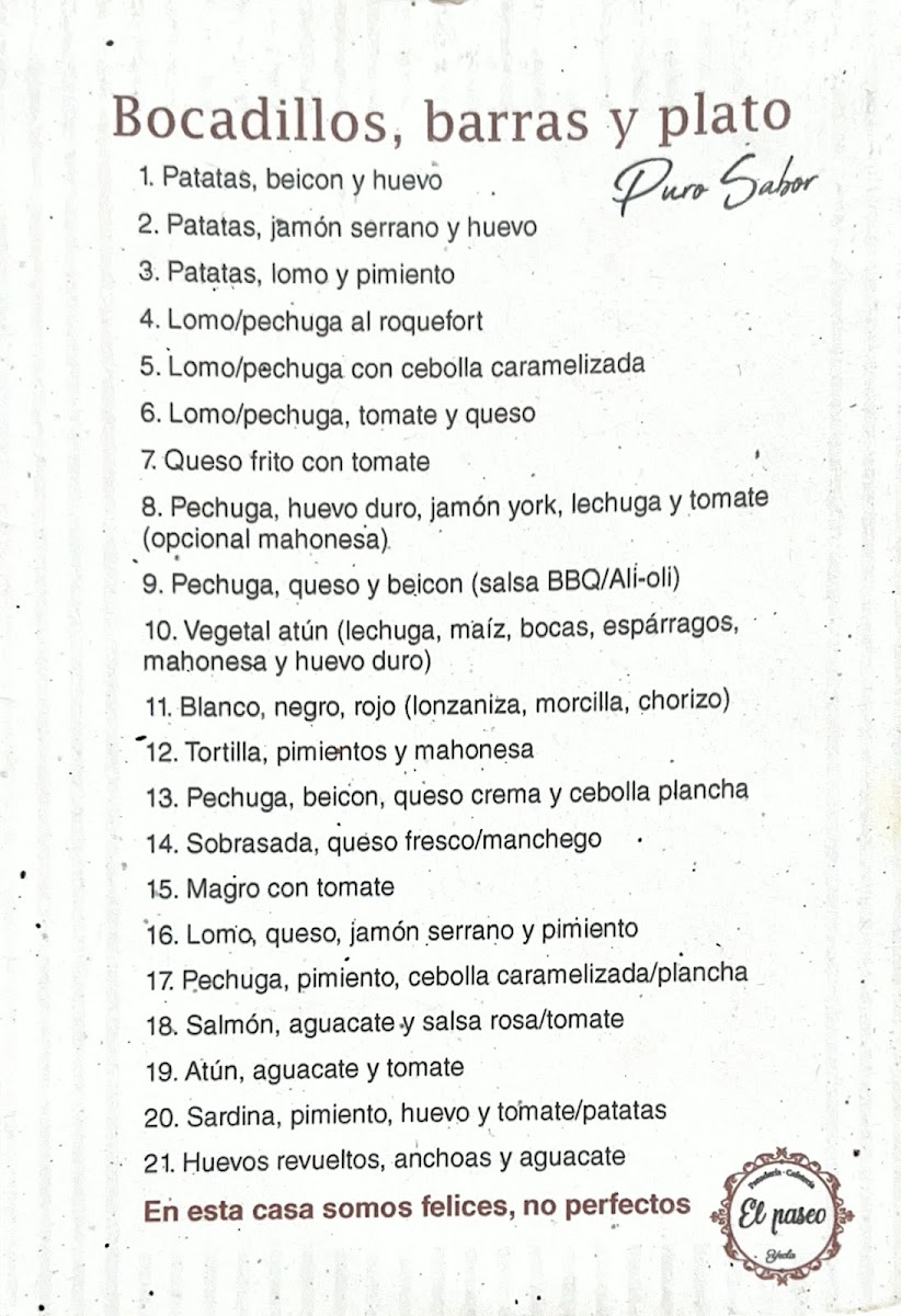 Panadería-Cafetería El Paseo menu board