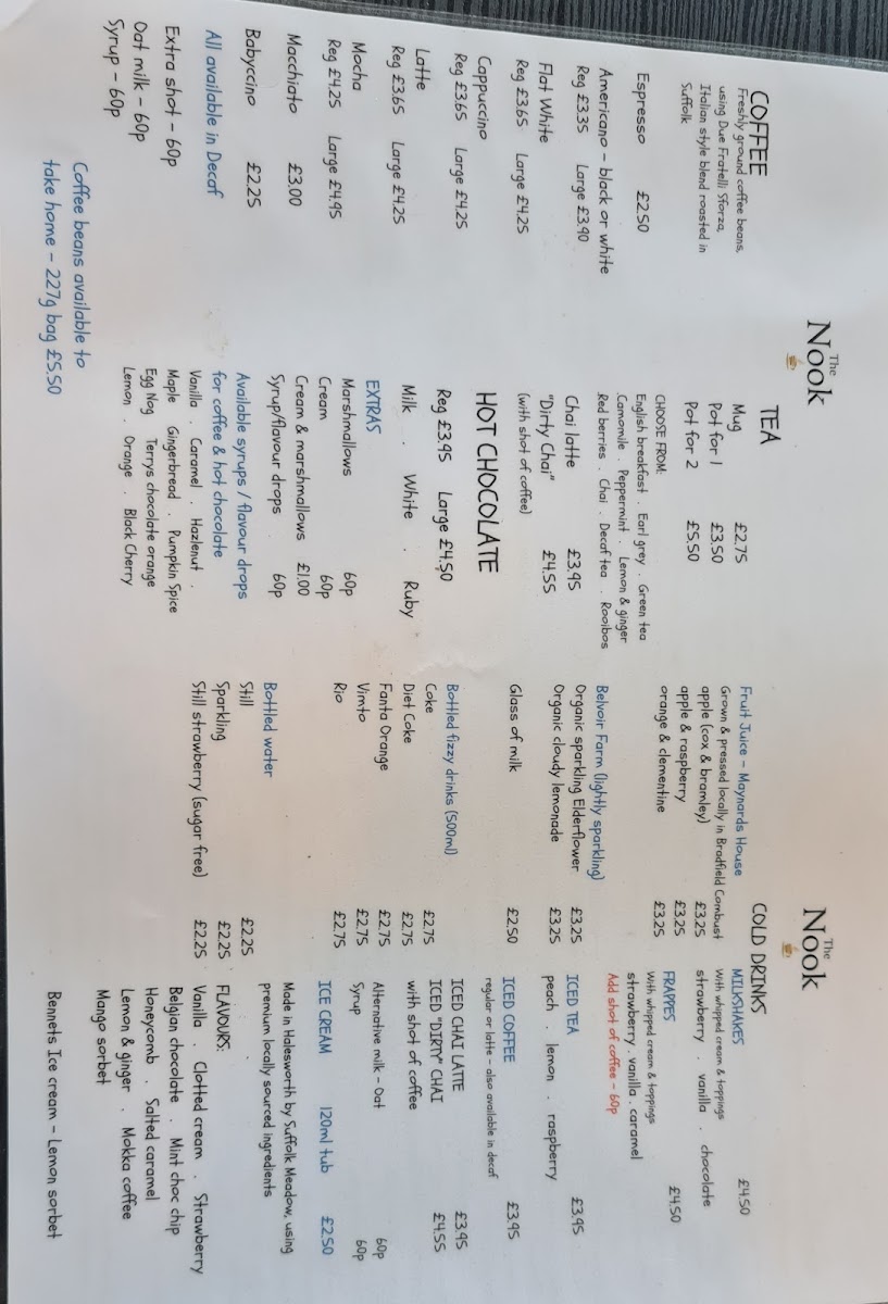 The Nook at Risby Barns menu board