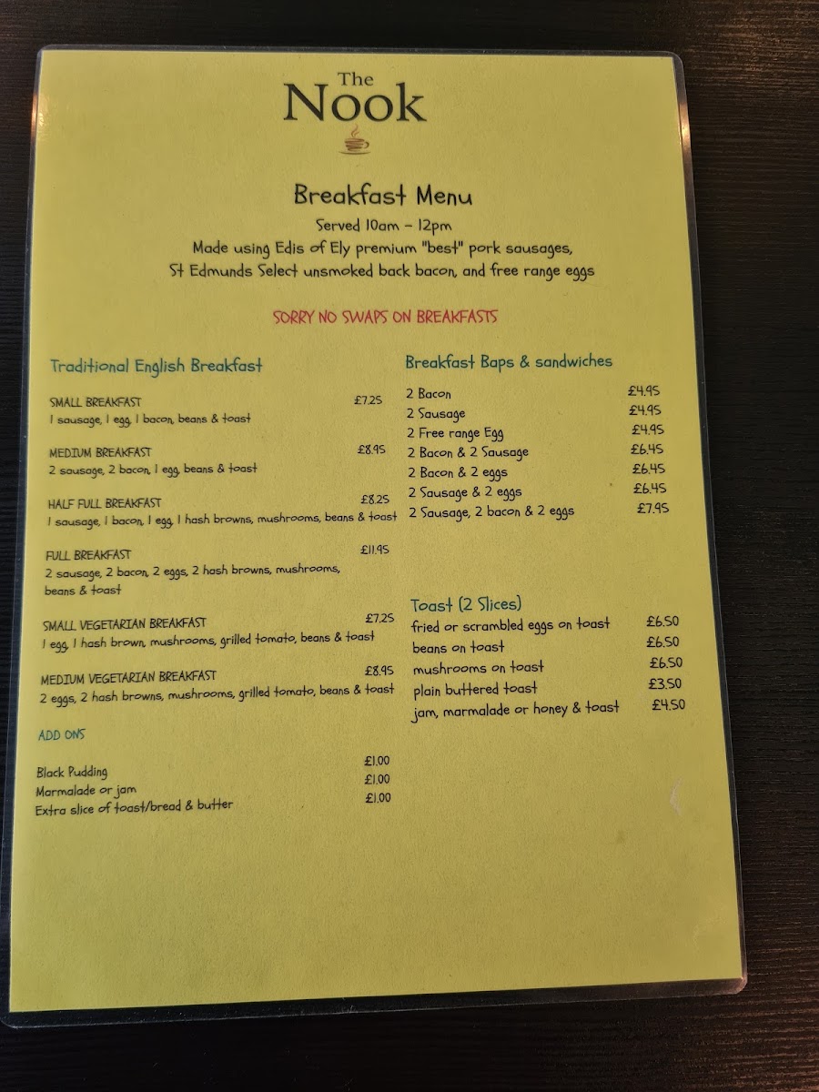 The Nook at Risby Barns menu board