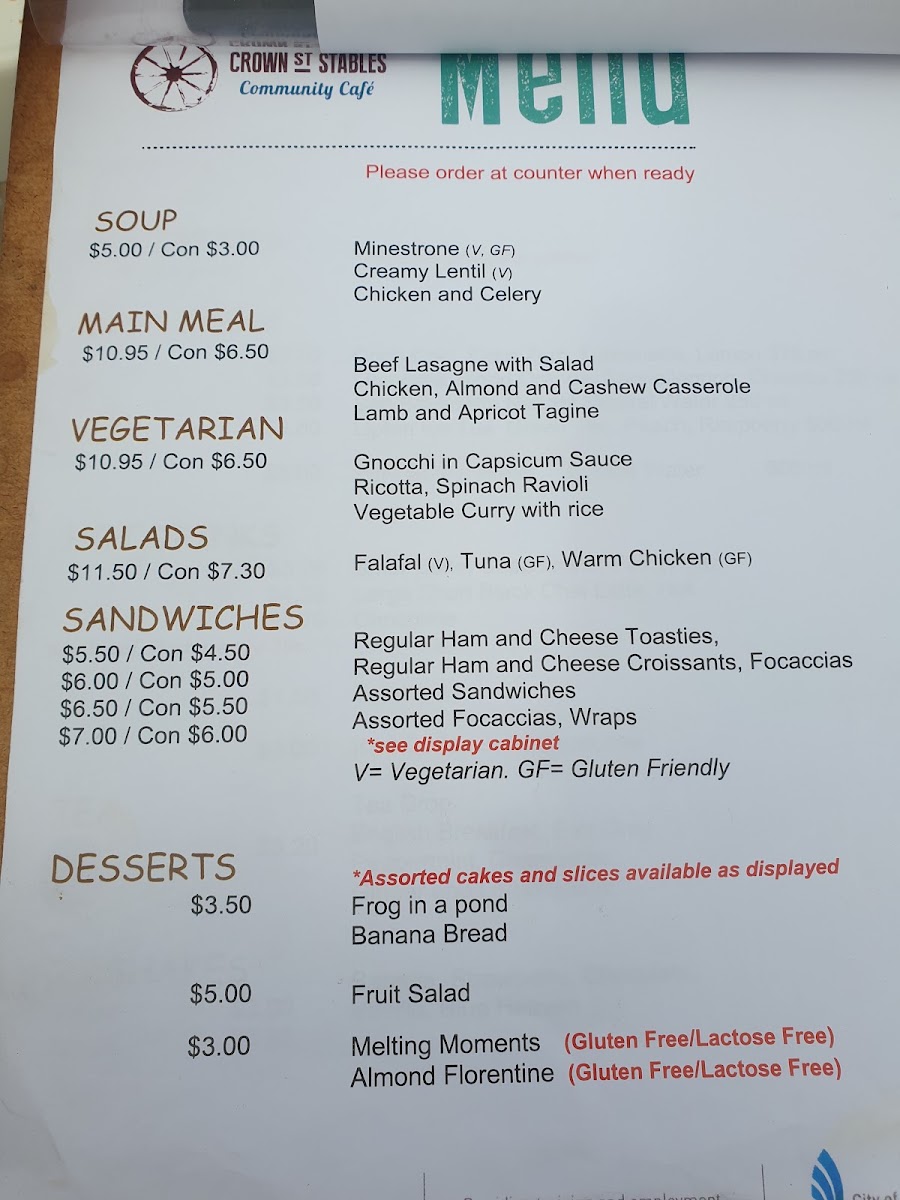 Crown Street Stables menu board
