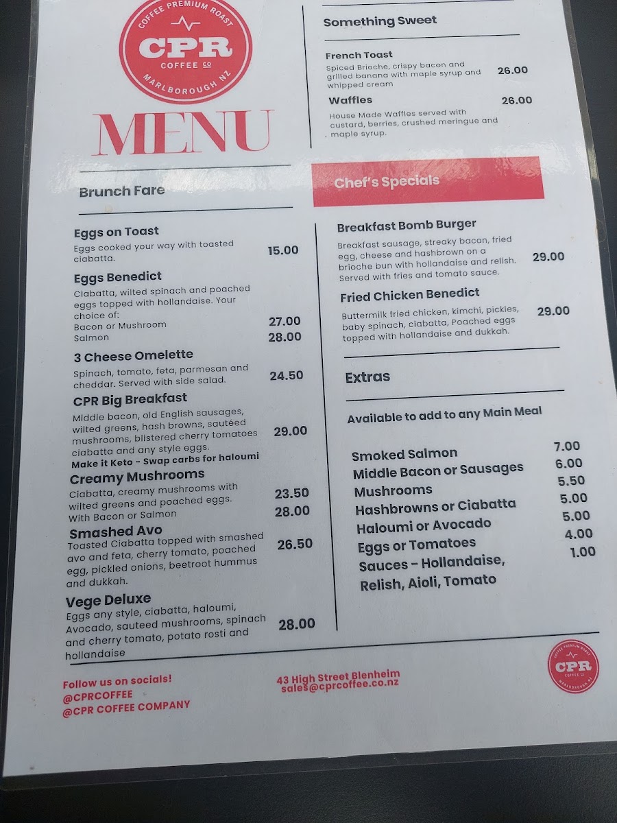 CPR Coffee Co menu board