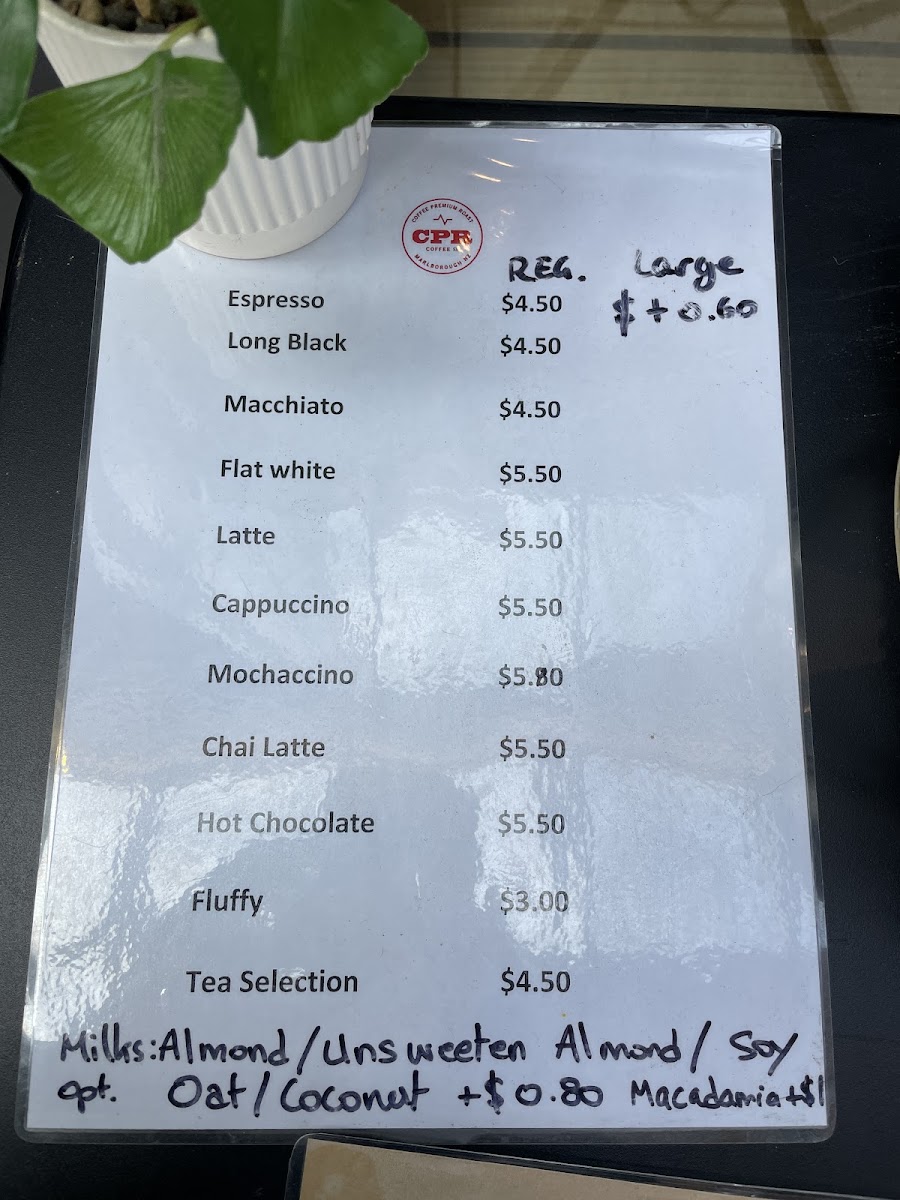 CPR Coffee Co menu board