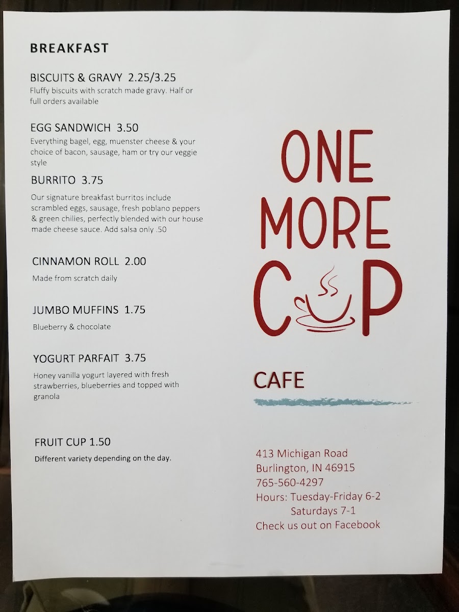 One More Cup menu board