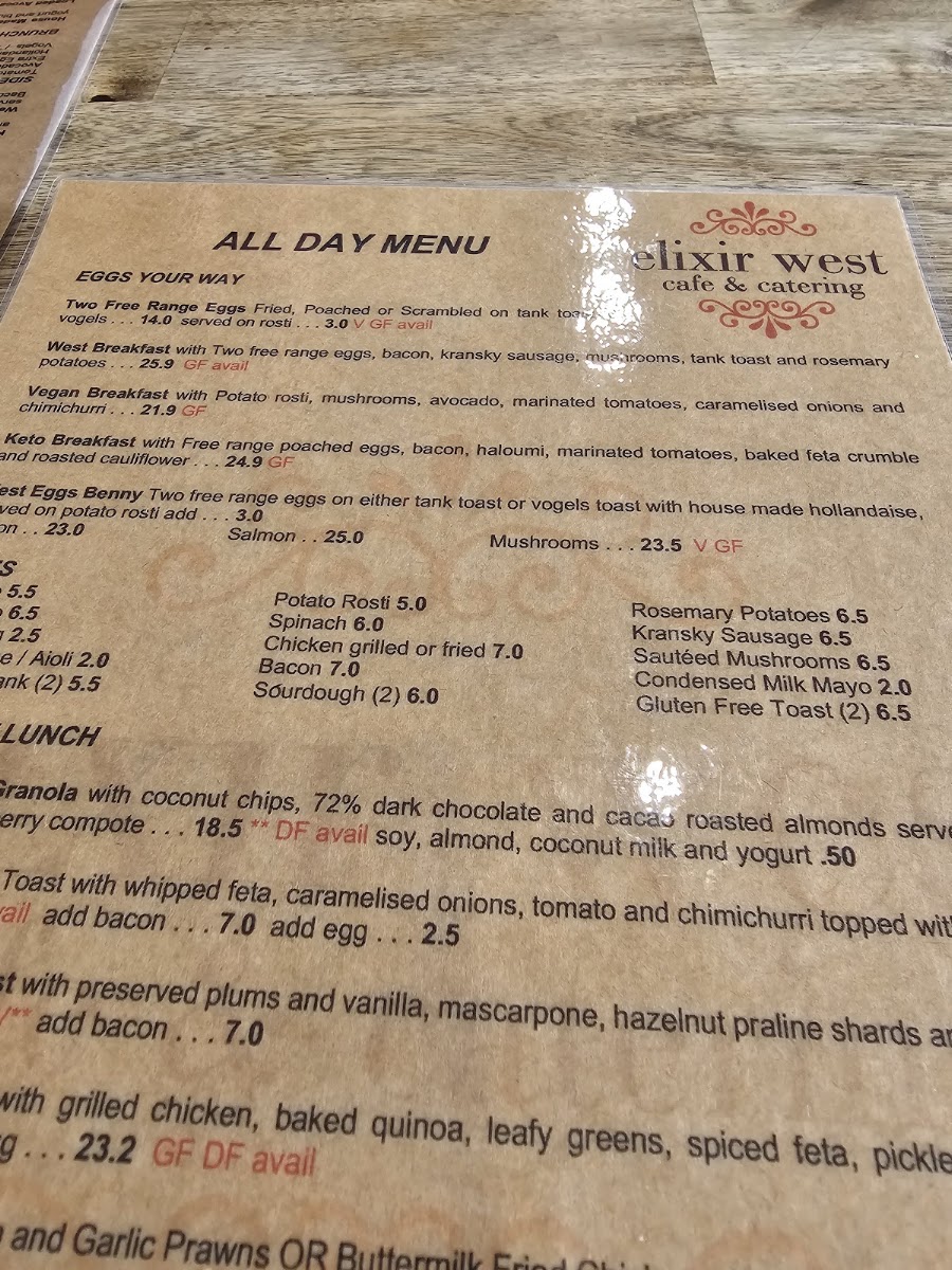 Elixir West Cafe & Catering menu board