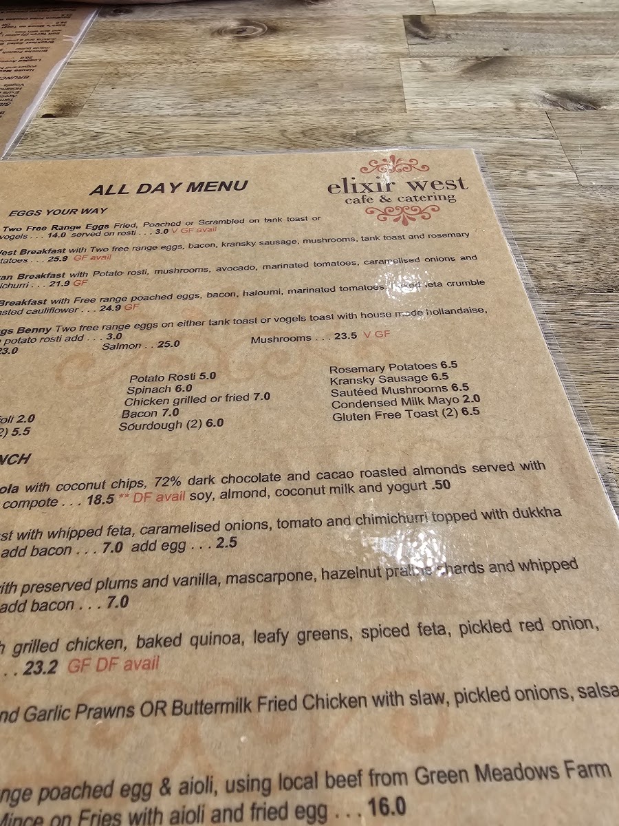 Elixir West Cafe & Catering menu board