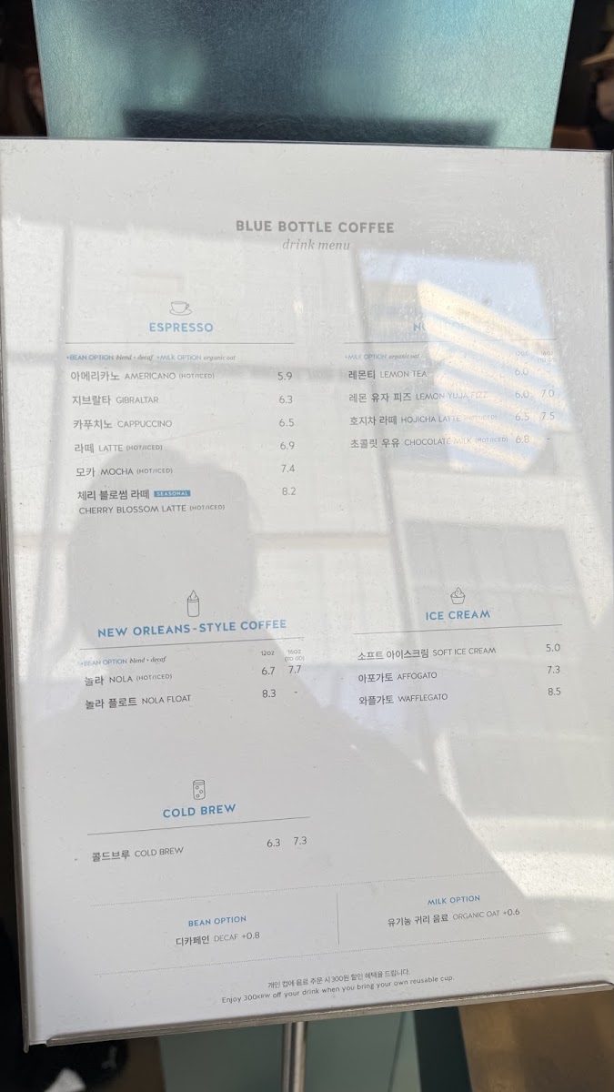 Blue Bottle Coffee Myeongdong Noon Square menu board