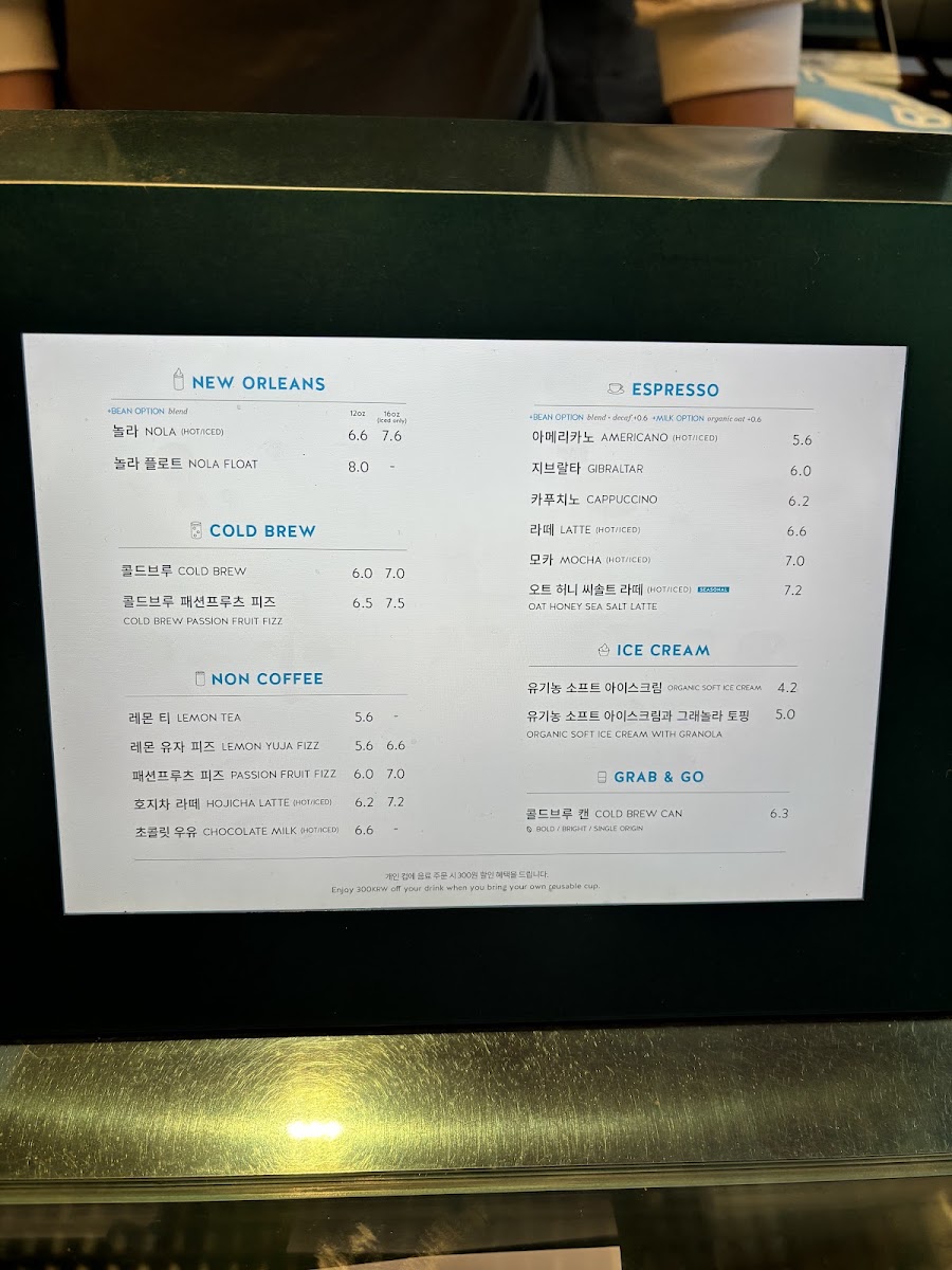 Blue Bottle Coffee Myeongdong Noon Square menu board
