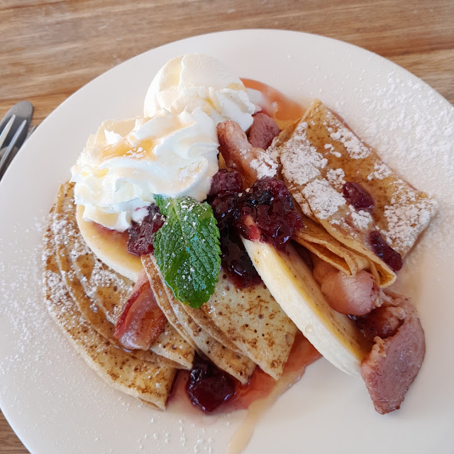 Pancakes Bacon Banana Ice Cream and Cream