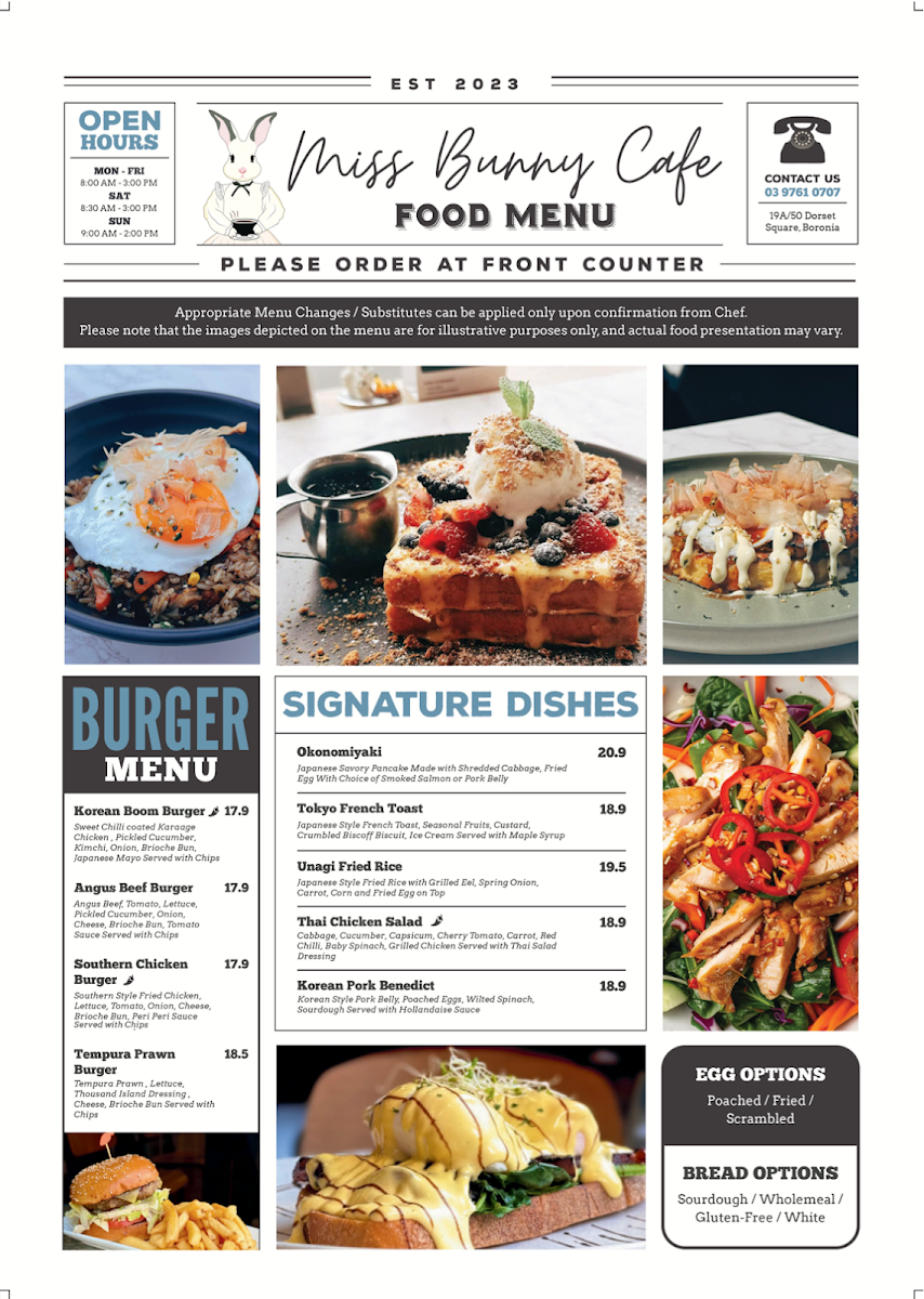 Miss Bunny Café menu board