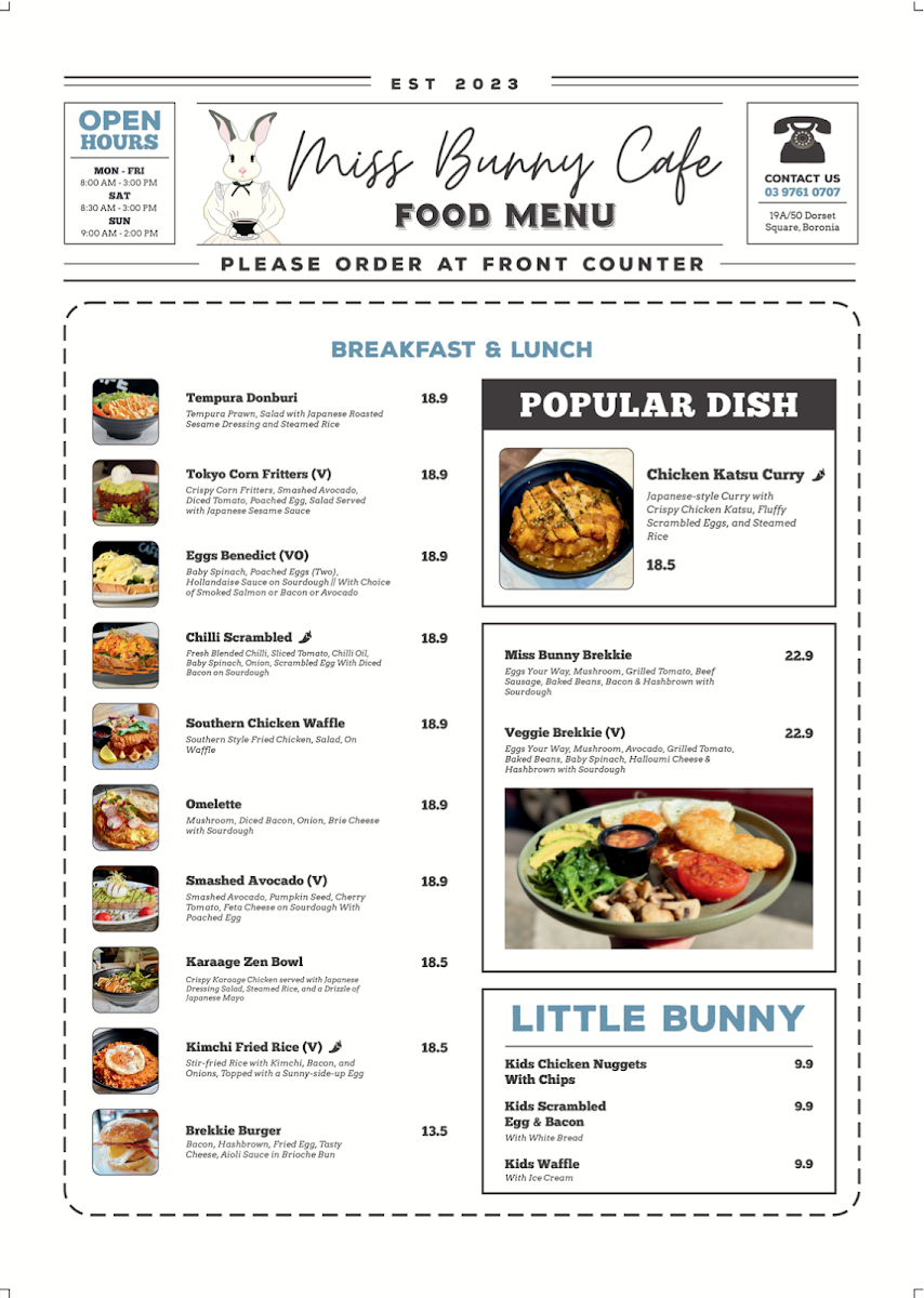 Miss Bunny Café menu board