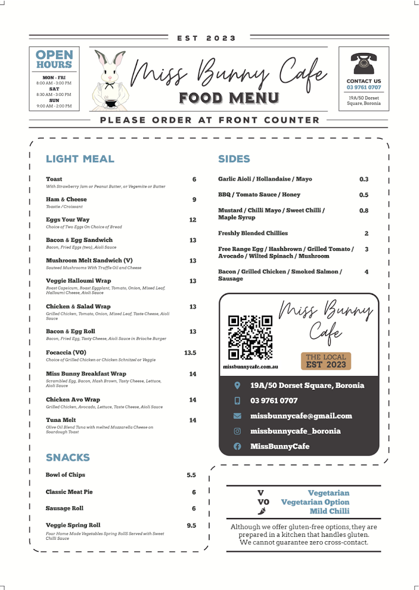 Miss Bunny Café menu board