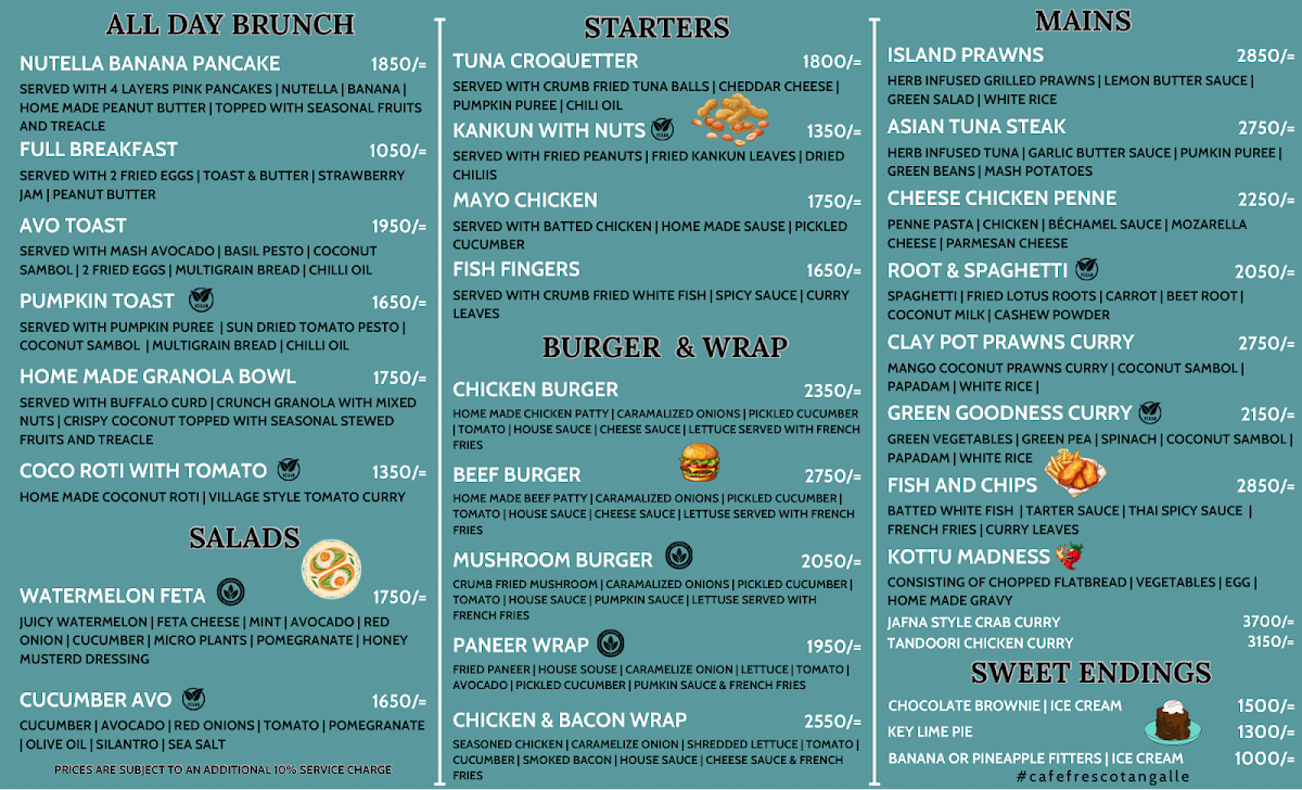 Cafe Fresco Tangalle menu board