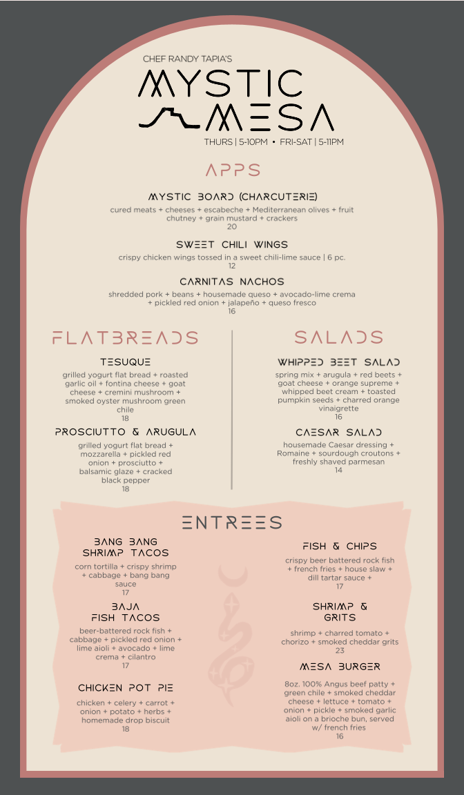 The Mystic Cafe & Bar menu board