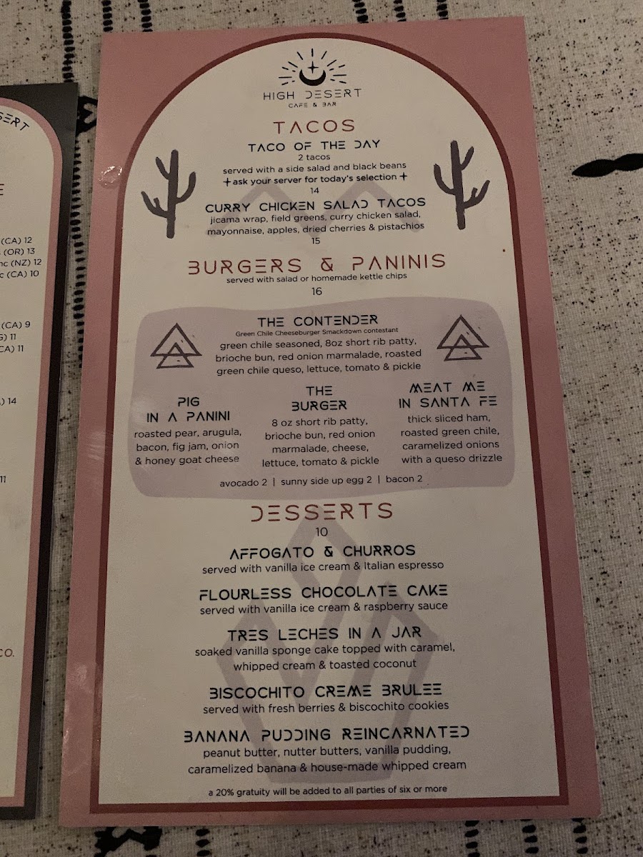 The Mystic Cafe & Bar menu board