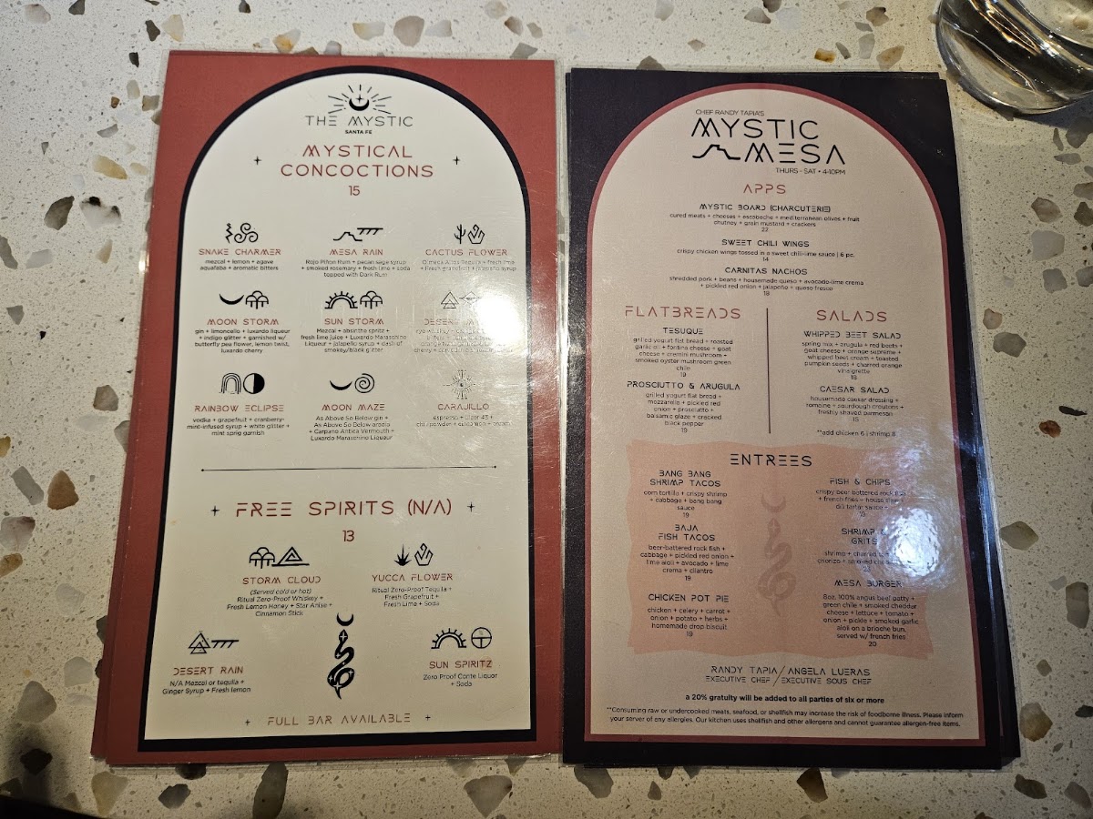 The Mystic Cafe & Bar menu board