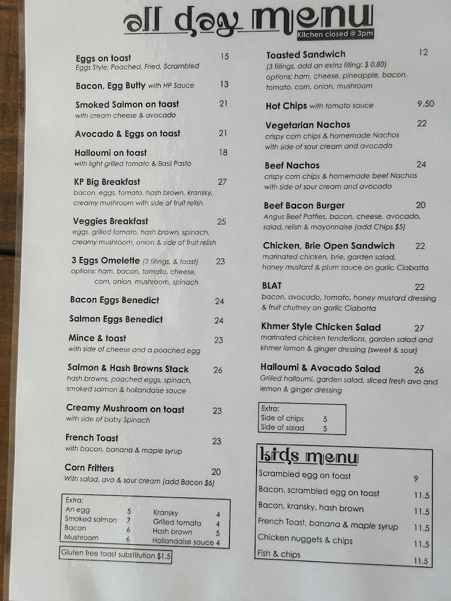 Karori Park Cafe menu board