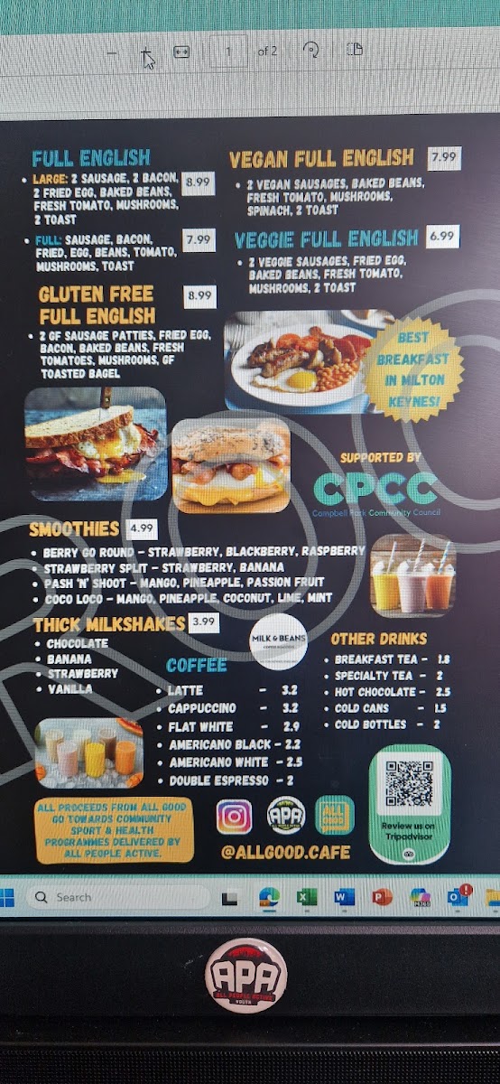 All Good Cafe MK menu board