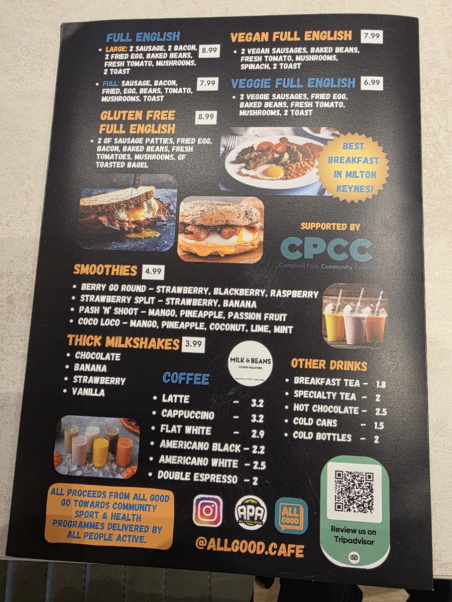 All Good Cafe MK menu board
