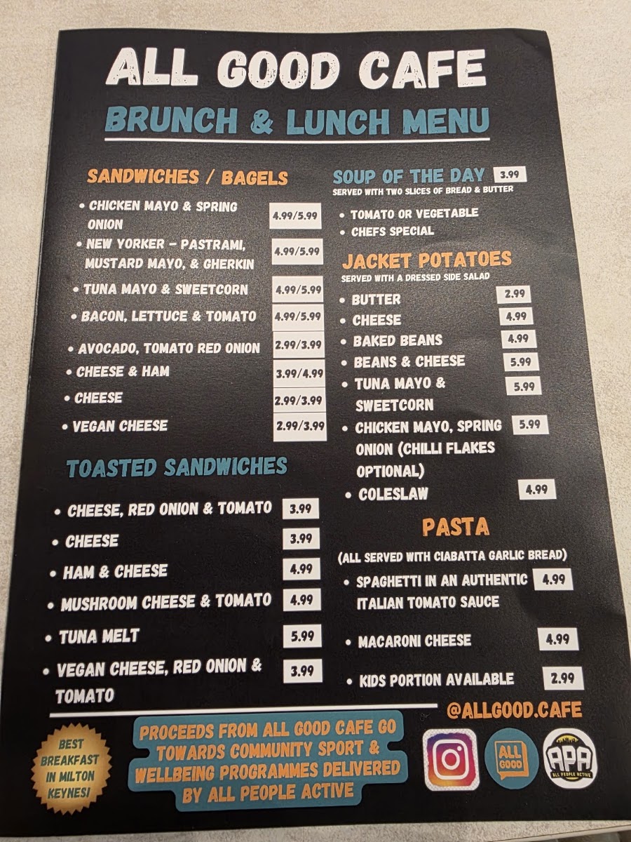 All Good Cafe MK menu board