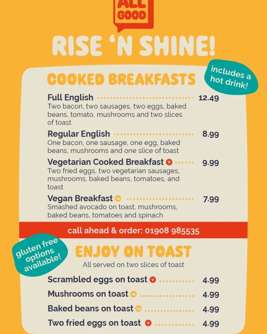 All Good Cafe MK menu board