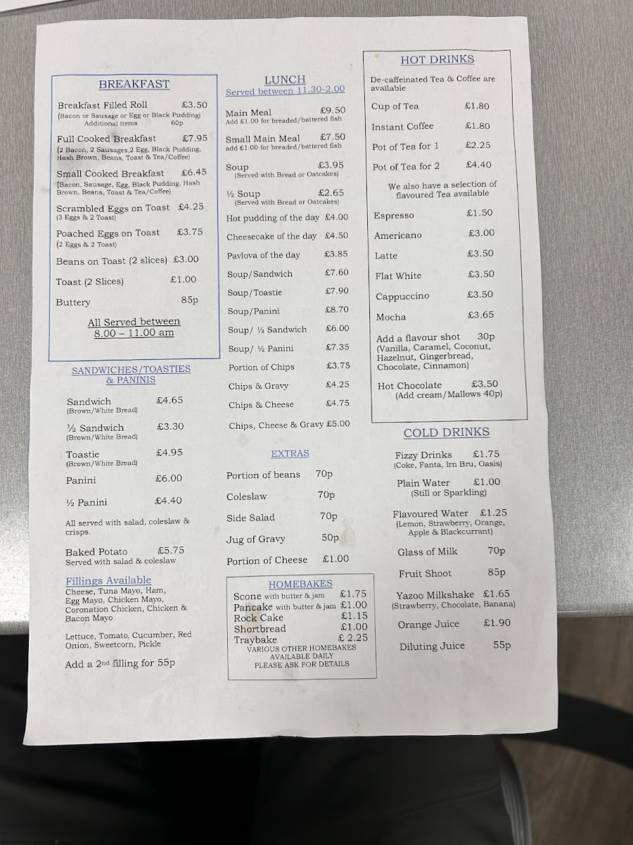 Heritage House Cafe menu board